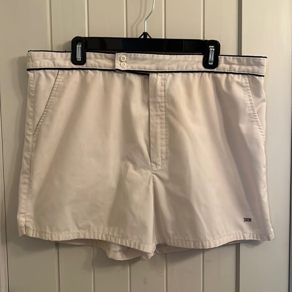 VTG Men's Christian Dior Nylon Athletic Tennis Shorts, Off White, Large
